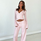 Casual Lace-Up Bell Sleeve Top Plus Fleece Loose Pants Pajamas Two-Piece Set MRA-22955