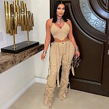 Fashionable Corded Decorative Belt Straight Leg Casual Daily Wear Relaxed Fit Pants LSD-2567