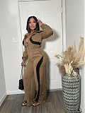 Fashionable Sports Contrast Color Long-sleeved Half-open Placket Elastic Waist Jumpsuit PMR-801