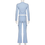 Casual Knitted V-neck Long-sleeved Tight-fitting Split Zipper Sweatshirt and Sweatpants Set MRA-40193