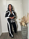 Fashionable Sports Contrast Color Long-sleeved Half-open Placket Elastic Waist Jumpsuit PMR-801