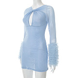 Mesh Cross Hollow Long Sleeve Plush Cuff Tight Hip Miniskirt Dress DZHT-230