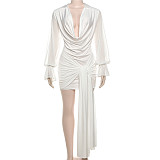 Solid Color Low-cut Neckline Long-sleeved High-waisted Hip Dress ZJQD-77990