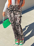 Fashion Leaf Print Straight Leg High Waist Pocket Multi-colored Work Pants SMJR-1096