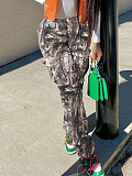Fashion Leaf Print Straight Leg High Waist Pocket Multi-colored Work Pants SMJR-1096