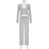 Casual Lace-Up Bell Sleeve Top Plus Fleece Loose Pants Pajamas Two-Piece Set MRA-22955