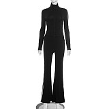 Casual Contrast Color Patch Zipper Top Skinny High Waist Trousers Sports Suit DZHT-25ST396
