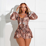 Off-the-Shoulder Pleated Mesh Leopard Print Long Sleeve Dress with Collar XYWL-180