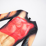 Crew-neck Body Painting Print Long-sleeved Tight-fitting Jumpsuit DZHT-229