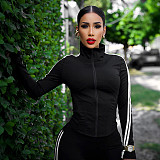 Casual Contrast Color Patch Zipper Top Skinny High Waist Trousers Sports Suit DZHT-25ST396