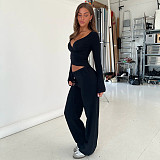 Casual Lace-Up Bell Sleeve Top Plus Fleece Loose Pants Pajamas Two-Piece Set MRA-22955
