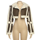 Vintage Leather Patchwork Casual Loose Lapel Long-sleeved Jacket ZJQD-75217