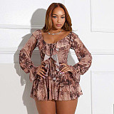 Off-the-Shoulder Pleated Mesh Leopard Print Long Sleeve Dress with Collar XYWL-180