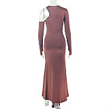 Fashionable Pleated One-shoulder Strap Hollow Round Neck Long Hip Dress JY-303163