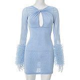 Mesh Cross Hollow Long Sleeve Plush Cuff Tight Hip Miniskirt Dress DZHT-230