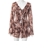 Off-the-Shoulder Pleated Mesh Leopard Print Long Sleeve Dress with Collar XYWL-180
