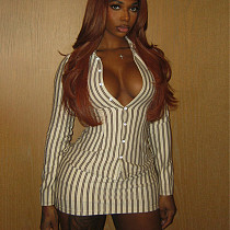 Slim Striped Long Sleeve Collarless Buttoned Sexy Fitted Skirt Suit DLS-80317
