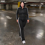 Casual Contrast Color Patch Zipper Top Skinny High Waist Trousers Sports Suit DZHT-25ST396