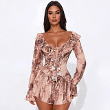 Off-the-Shoulder Pleated Mesh Leopard Print Long Sleeve Dress with Collar XYWL-180