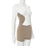 Stand-Up Collar Contrast Color Stitching Long-Sleeved Zipper Cardigan Twist Shorts Two-Piece Set DZHT-249