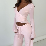 Casual Lace-Up Bell Sleeve Top Plus Fleece Loose Pants Pajamas Two-Piece Set MRA-22955