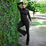 Casual Contrast Color Patch Zipper Top Skinny High Waist Trousers Sports Suit DZHT-25ST396