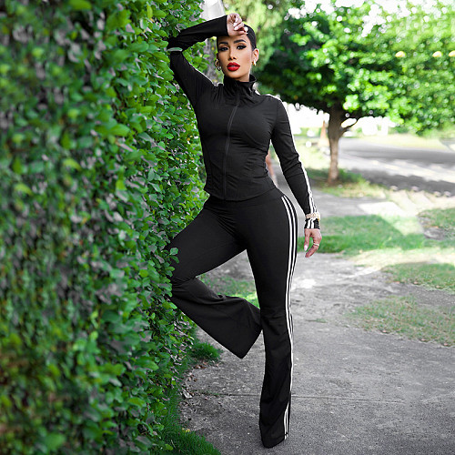 Casual Contrast Color Patch Zipper Top Skinny High Waist Trousers Sports Suit DZHT-25ST396