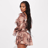 Off-the-Shoulder Pleated Mesh Leopard Print Long Sleeve Dress with Collar XYWL-180
