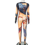 Crew-neck Body Painting Print Long-sleeved Tight-fitting Jumpsuit DZHT-229