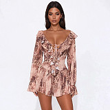 Off-the-Shoulder Pleated Mesh Leopard Print Long Sleeve Dress with Collar XYWL-180