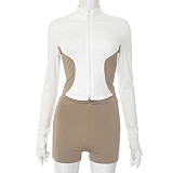 Stand-Up Collar Contrast Color Stitching Long-Sleeved Zipper Cardigan Twist Shorts Two-Piece Set DZHT-249