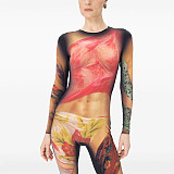 Crew-neck Body Painting Print Long-sleeved Tight-fitting Jumpsuit DZHT-229