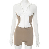 Stand-Up Collar Contrast Color Stitching Long-Sleeved Zipper Cardigan Twist Shorts Two-Piece Set DZHT-249