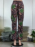 Fashion Leaf Print Straight Leg High Waist Pocket Multi-colored Work Pants SMJR-1096