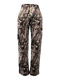 Fashion Leaf Print Straight Leg High Waist Pocket Multi-colored Work Pants SMJR-1096