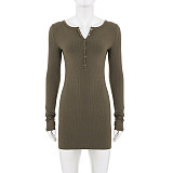 Solid Color V-neck Buttoned Slim-fit Knitted Hip-wrapped Short Dress MRA-37524