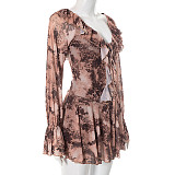 Off-the-Shoulder Pleated Mesh Leopard Print Long Sleeve Dress with Collar XYWL-180