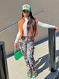 Fashion Leaf Print Straight Leg High Waist Pocket Multi-colored Work Pants SMJR-1096
