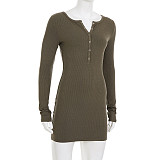 Solid Color V-neck Buttoned Slim-fit Knitted Hip-wrapped Short Dress MRA-37524