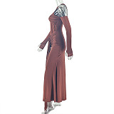 Fashionable Pleated One-shoulder Strap Hollow Round Neck Long Hip Dress JY-303163