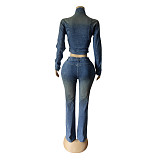 New Elastic Long-sleeved Retro Distressed Flared Denim Trousers Suit MEM-88662