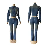 New Elastic Long-sleeved Retro Distressed Flared Denim Trousers Suit MEM-88662