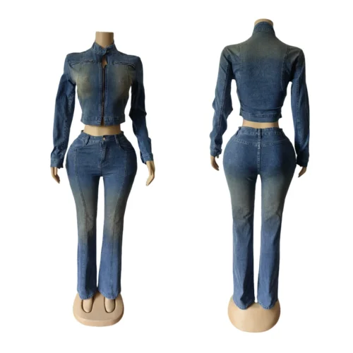 New Elastic Long-sleeved Retro Distressed Flared Denim Trousers Suit MEM-88662