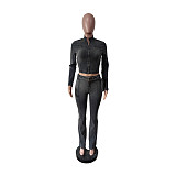 Fashionable Washed-color Stretch Denim Trousers Suit MEM-88664
