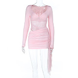 Sexy Hollow Mesh Ribbon Long-sleeved Hip Dress SUM-25345
