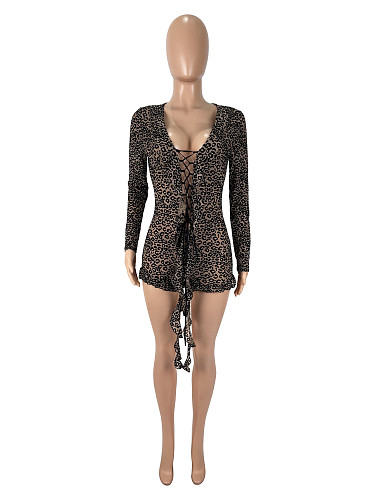 Sexy Leopard Mesh Print Lace-Up Long-Sleeved Bodysuit SHD-9561