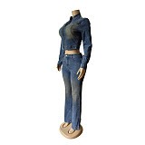 New Elastic Long-sleeved Retro Distressed Flared Denim Trousers Suit MEM-88662