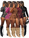 Leather Stand-up Collar Zipper Motorcycle Long-sleeved Top And Shorts Set CH-25102