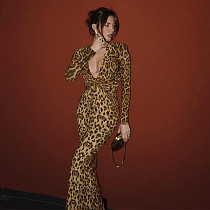 Sexy Slim-fit Twisted Long-sleeved Leopard Print Hip Dress SUM-25322