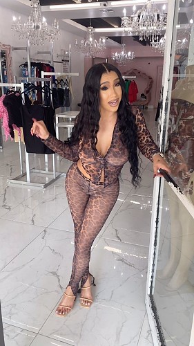 New Leopard Print Mesh High Elastic Lace-Up Slit Suit MEM-88667